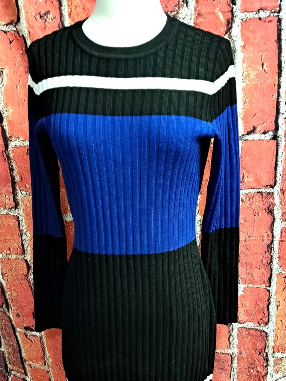 LONG SLEEVE LADIES KNIT RIBBED DRESS LONG SLEEVE WHITE BLUE BLACK SIZE SMALL